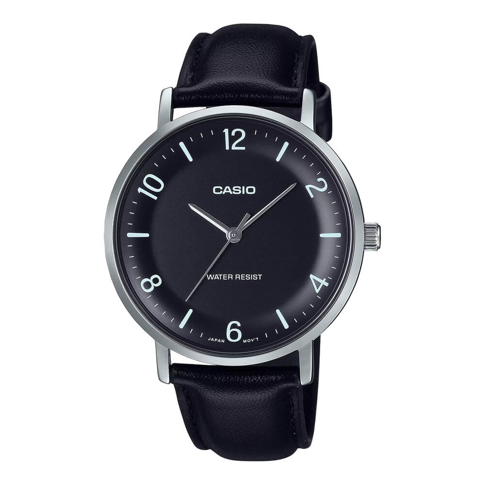 Reloj Casio MTP-VT03L-1BD Correa de Cuero Negro Esfera Negra Minimalista