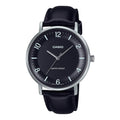 Reloj Casio MTP-VT03L-1BD Correa de Cuero Negro Esfera Negra Minimalista